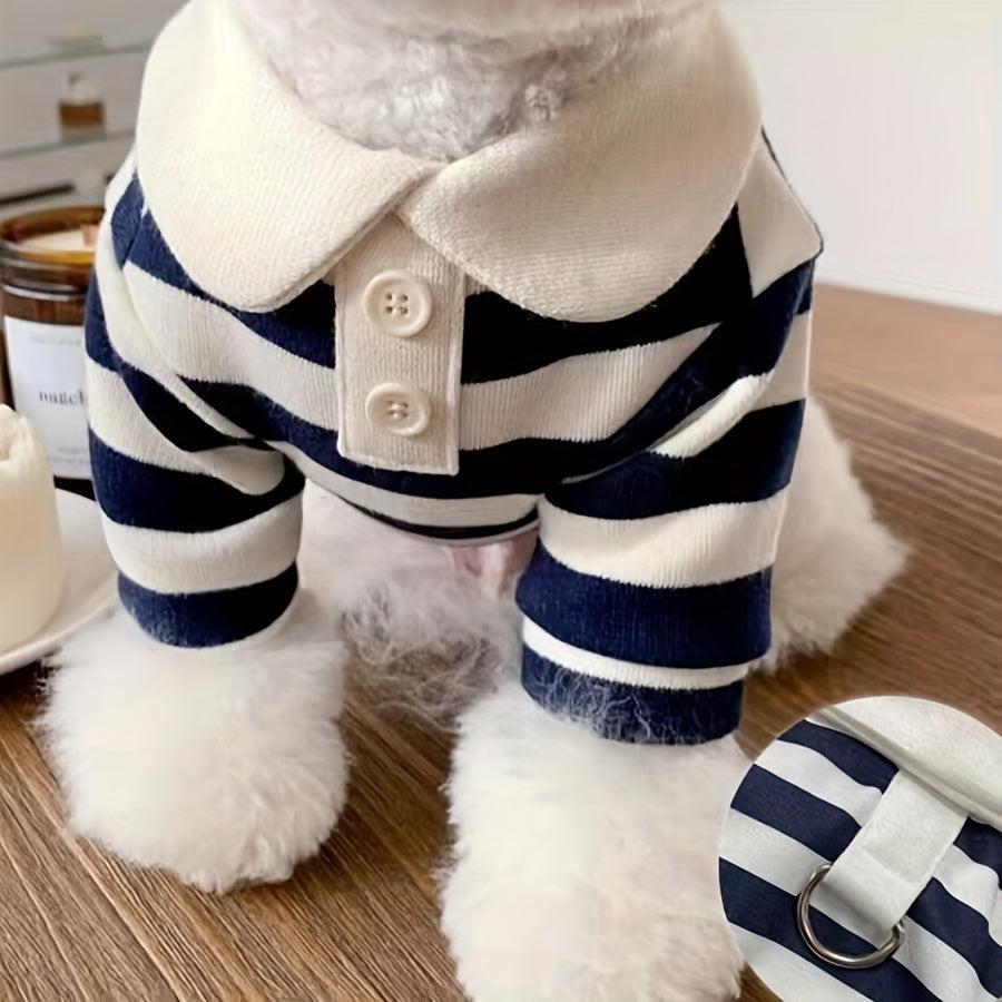 Cozy Striped Dog T-Shirt with Leash Attachment - Soft Knit Pet Apparel for All Seasons, White & Navy Blue, Small to Large Breeds, Machine Washable, Dog Clothes
