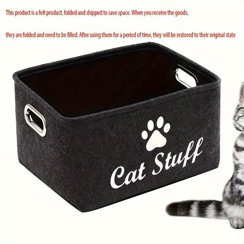 1pc Felt Cat Toy Storage Box with Wooden Handle, Rectangular Fabric Pet Toy Organizer Basket for Home Organization, Toy Box