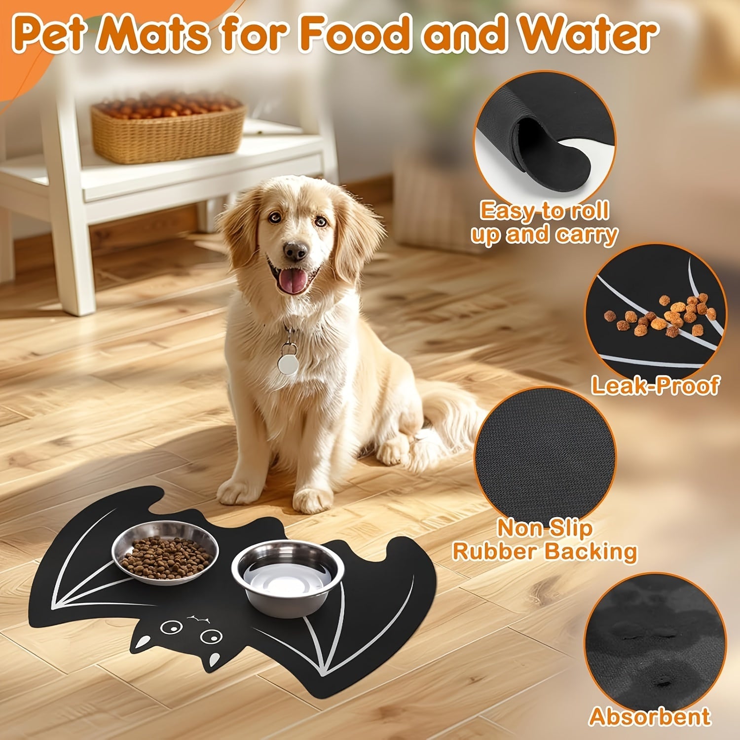 Halloween Pet Mats For Food And Water Dog Cat Food Mats Pet Feeding Mat Anti-Slip No Stains Quick Dry Floors Waterproof Placemat For Pet Food Water Bowl Mat Pet Accessories - 23.6" X 15.7" Bat