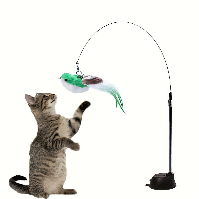 Colorful Feather Bird Cat Teaser Stick - Long Steel Wire Pole with Glue Suction Cup - Cute and Vivid Simulation Pet Toy for Self-Entertainment and Bite-Resistant Cat Supplies