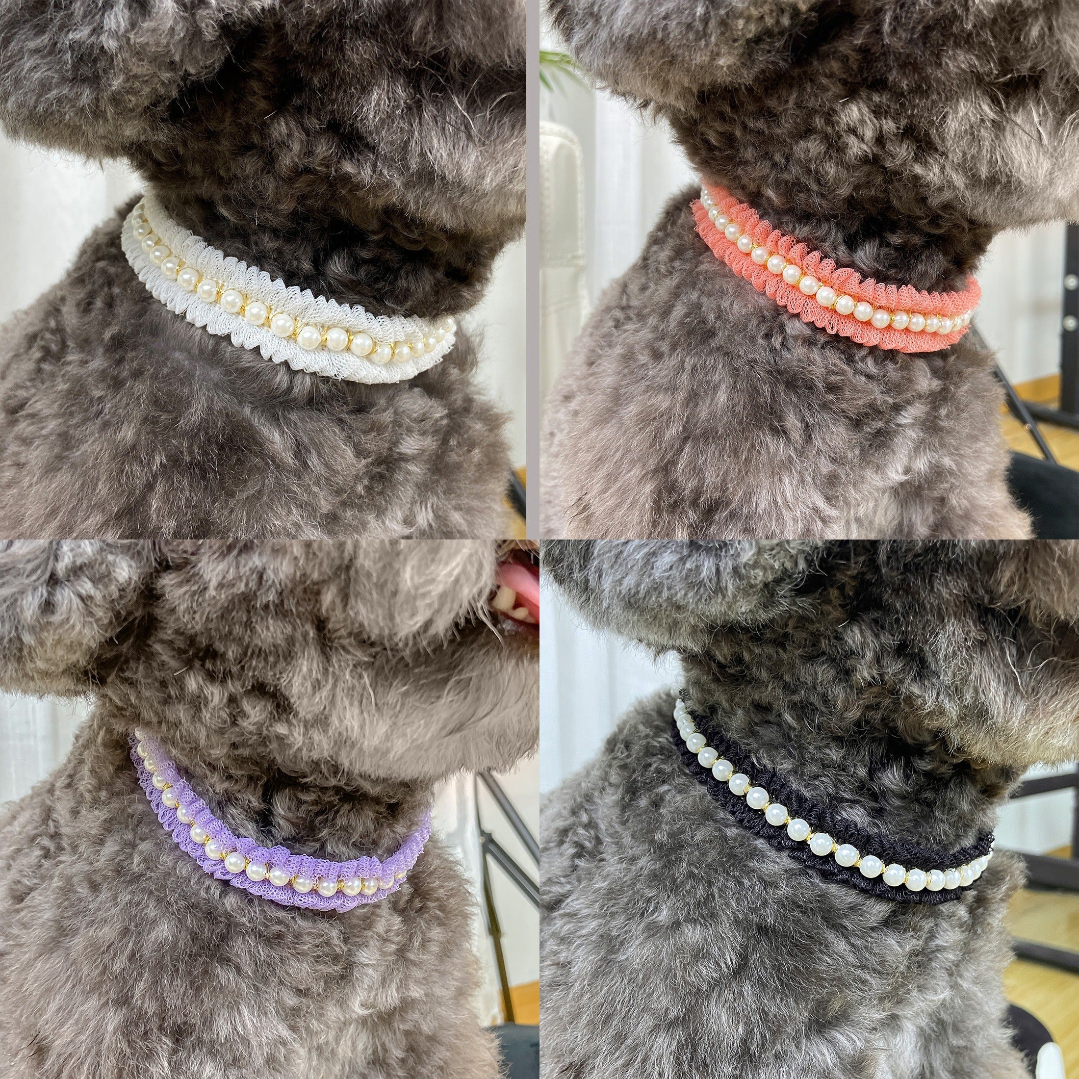Pearl and Lace Pet Collar, Cute Dog and Cat Adjustable Neck Accessory with Mesh Ruffle Detail - Elegant Patterned Design for Stylish Pets