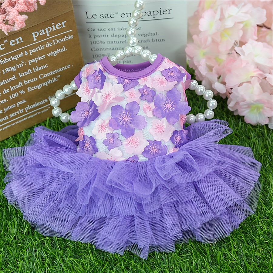 Small Breeds Floral 3D Flower Design Pullover Dog Dress - Woven Polyester, Breathable, Lightweight Pet Apparel for Toy & Mini Dogs, Cats, Pet Fashion Accessories