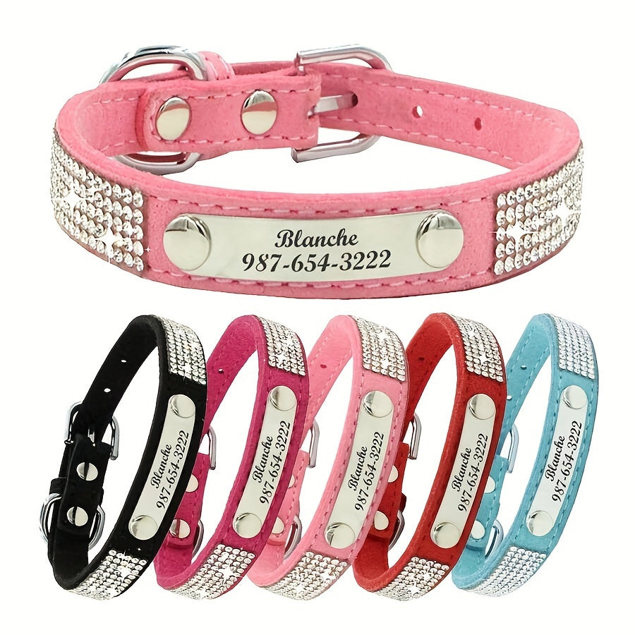 Personalized Rhinestone Dog Collar with Engraved ID Tag