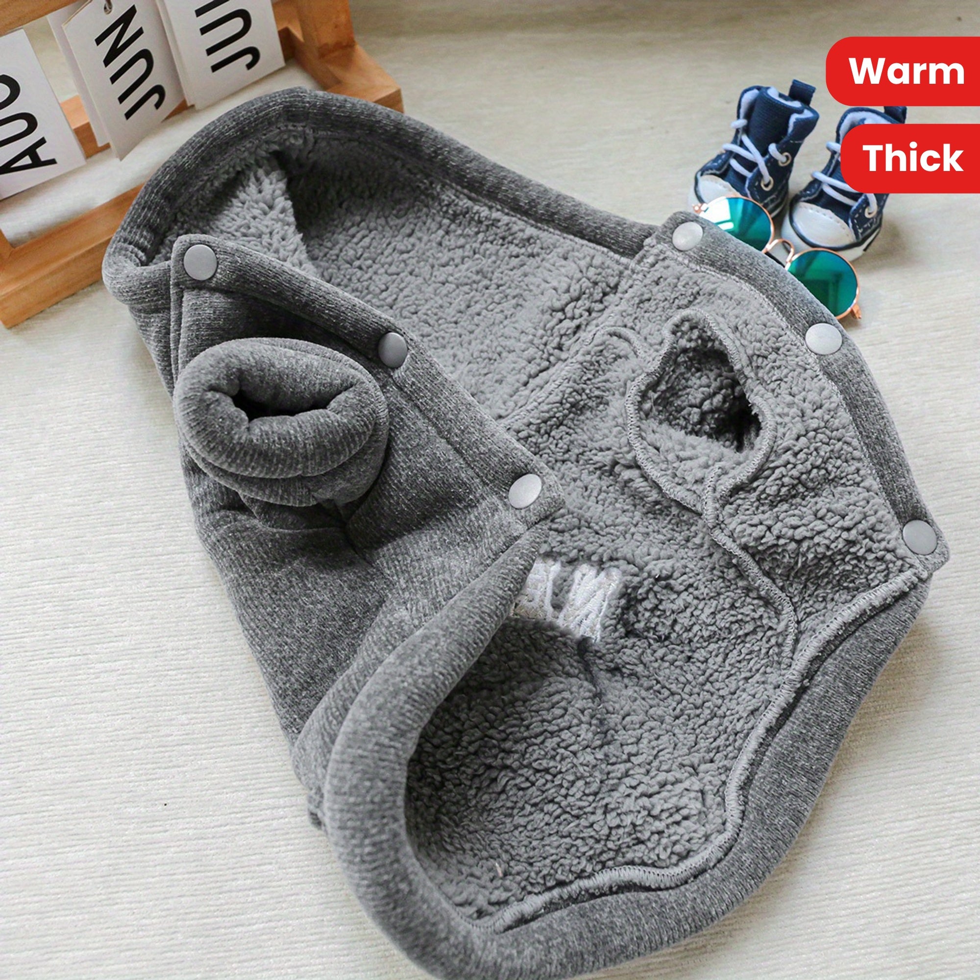 New York Hoodie Pet Coat, Thickened Grey Sweater for Dogs, Warm Winter Wear for Small Breeds, Polyester Knit with Hook & Fabric, Button Closure, Pet Apparel Accessories