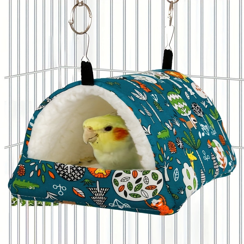 1pc Cartoon Printed Warm Fleece Bird Nest, Warm Triangular Sleeping Bird Hammock, Hanging Bedding Toy Bird Hideout