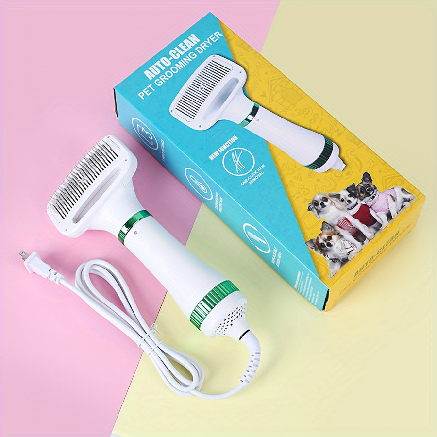 2-in-1 Portable Pet Grooming Drying Brush - Fast, Smooth, Efficiently Drying for Reduced Shedding and Tangling, Ideal for All Body Sizes of Dogs and Cats, Metal Body, Stainless Steel Bristles, US Plug, 110V/220V