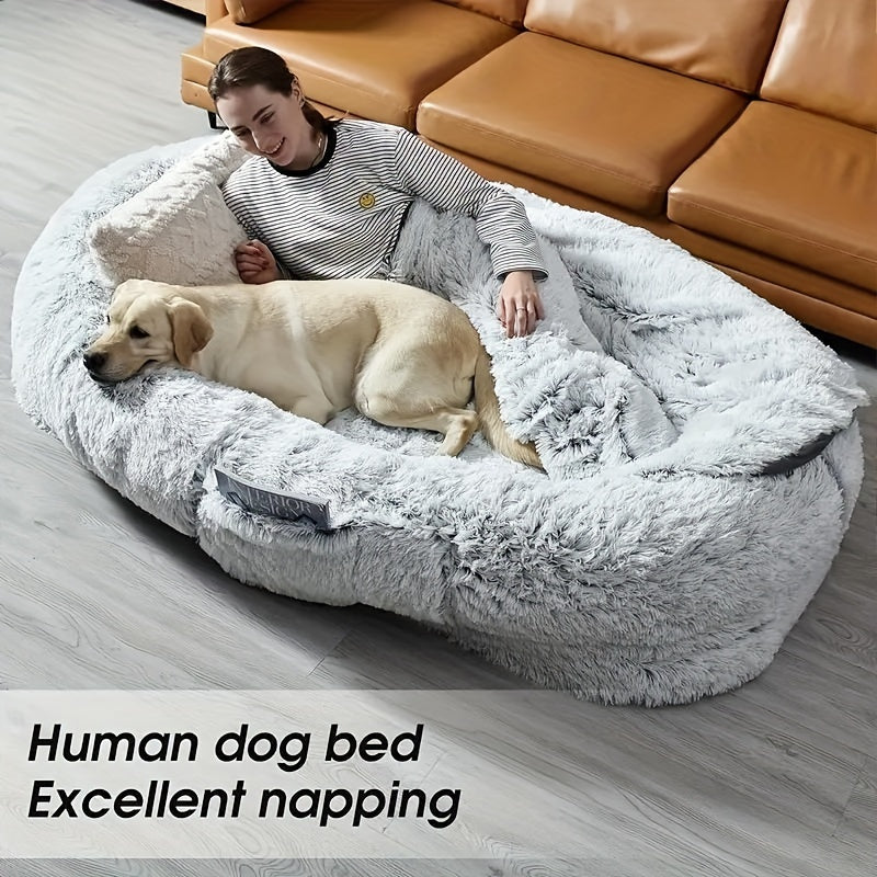 Extra Large Orthopedic Human & Dog Bed with Plush Pillow & Blanket - 71"x45"x12" Washable Faux Fur Pet Couch, Non-Slip Base, Removable Cover - Grey Bed for All Dog Breeds (Small/Medium/Large Dogs) & Cozy Napping Companion for