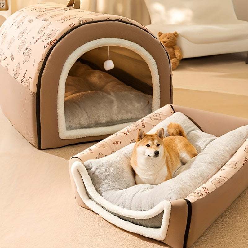 EnigmaTails Cartoon Pattern Dog House, Winter Warm Polyester Pet Bed with Memory Foam, Detachable and Washable, Suitable for Extra Small to Large Dogs, Brown