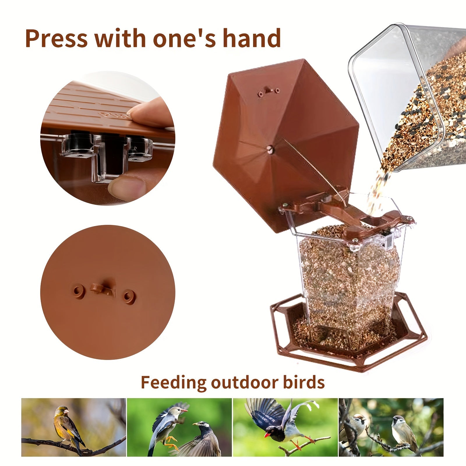 bird feeder with clear feeding tubes & heavy-duty dome - All- bird feeding station, Base, Easy-to-Clean - Attracts, Finches, Sparrows, Blue Jays - Durable Plastic with Hanging Hook - Ideal for Backyard,b or Balcony - Brown Ro