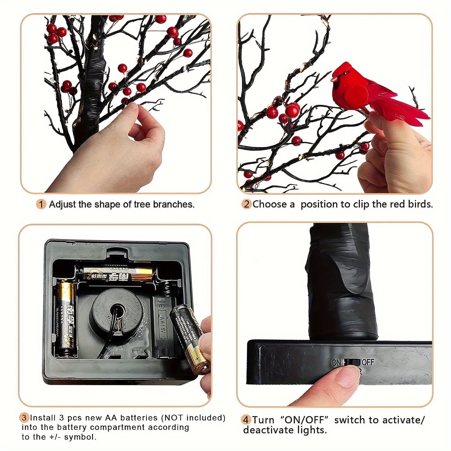 1 Elegant 21" LED-Lit Bonsai Tree with Red Birds & Black Artificial Birch - 60 Warm Yellow Lights, Perfect for Halloween, Thanksgiving, Christmas, Valentine's Decor - AA Battery Operated (Batteries Not Included)