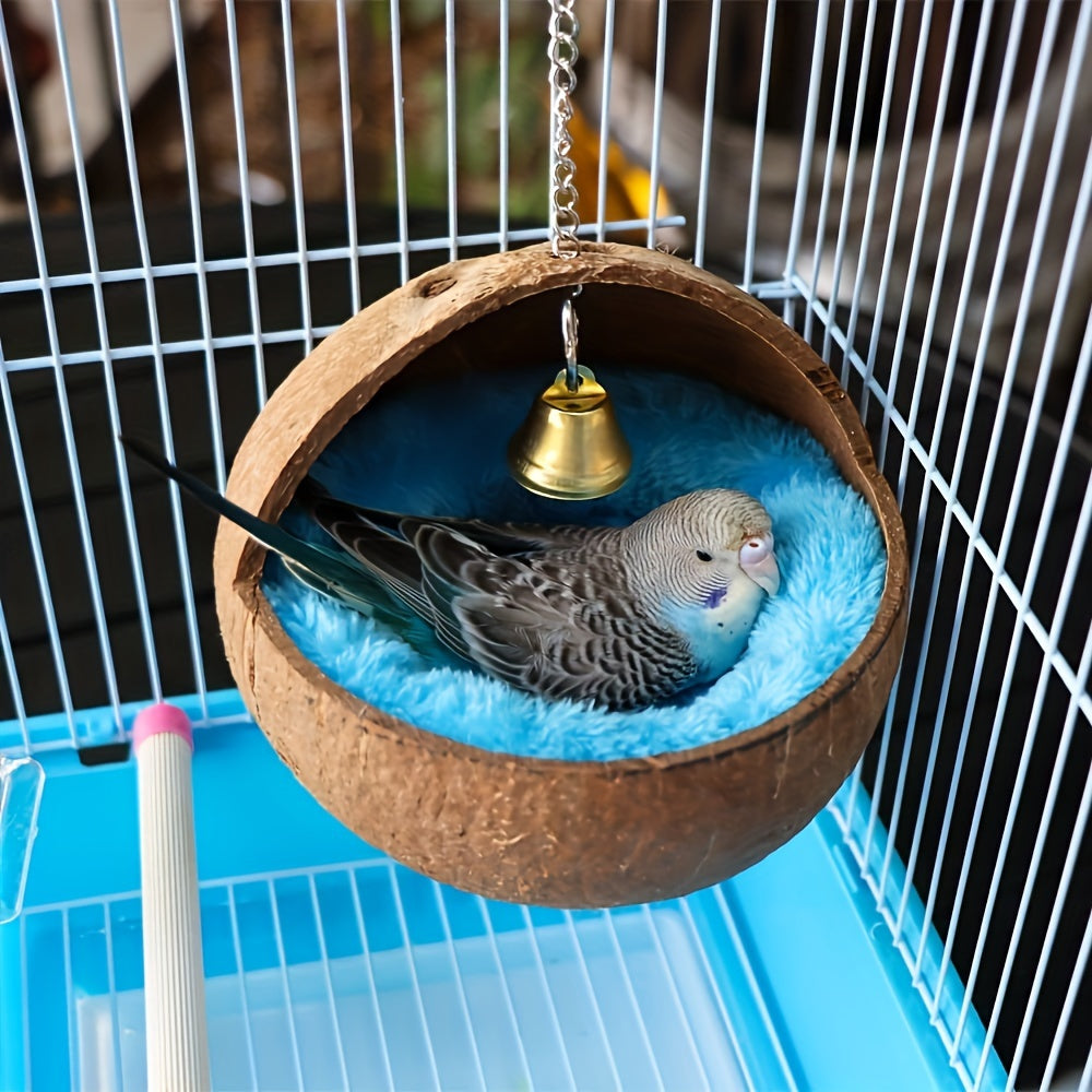 Coconut Shell Bird Nest with Warm Cushion and Bell for Small Birds