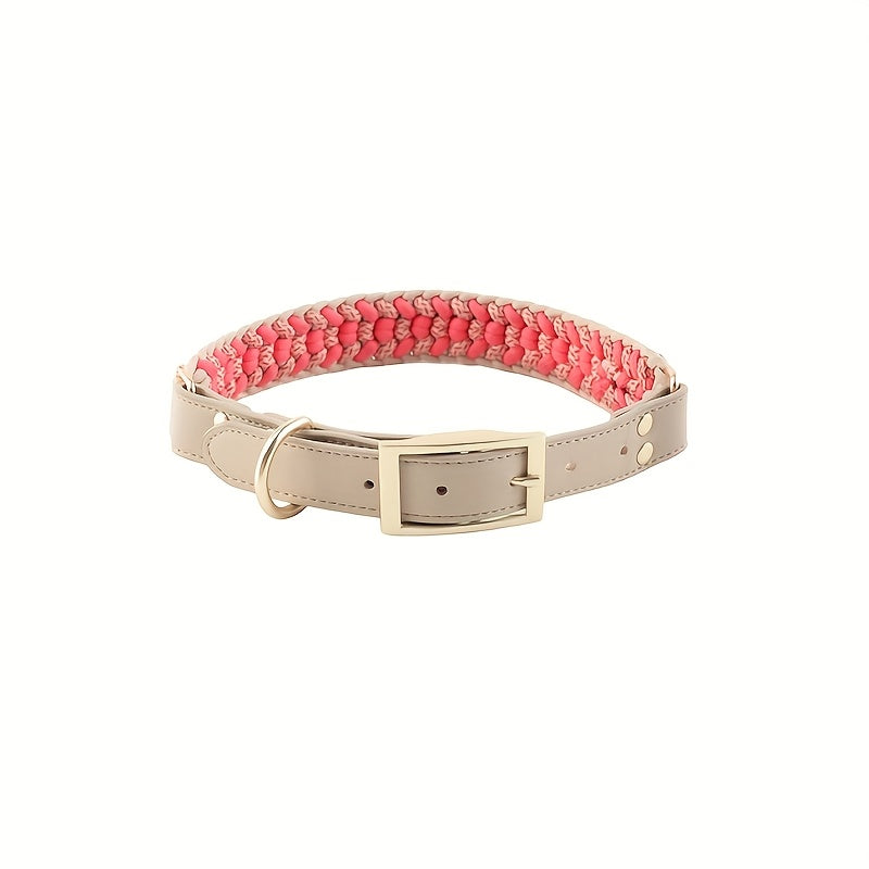 Handwoven Nylon Dog Collar with Adjustable Straps - Comfortable Wide Design, Durable & Easy to Wear, Pink & White Striped Pattern for Secure Fit, Pet Collar, Stylish Pet Accessory, Easyclean Material