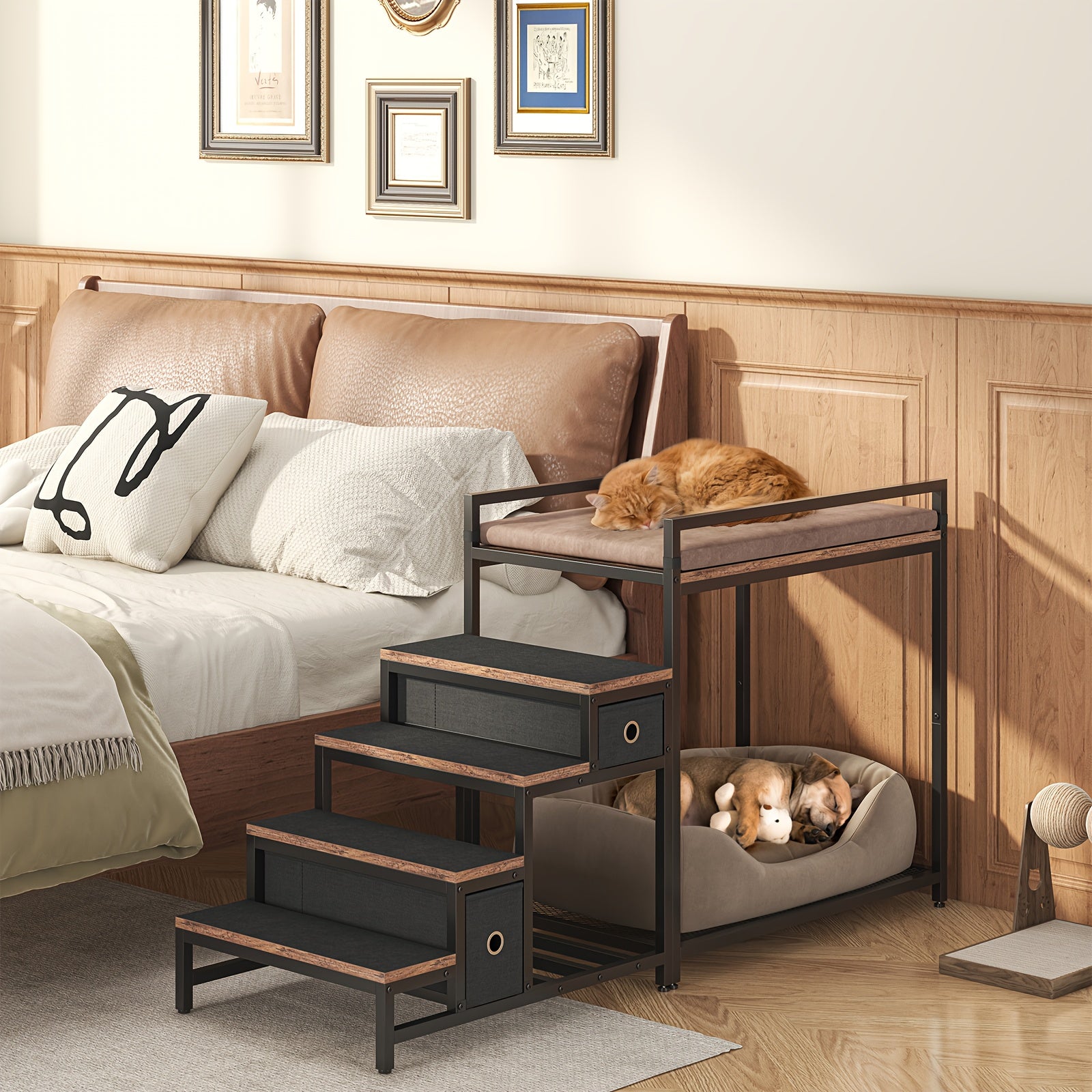 SAUDISM Multi-Level Pet Bunk Bed with Removable Step for Dogs & Cats - Durable Wooden Frame, Cushioned Perch & Window Seat, Indoor Use, Easy Assembly, Black, Perfect for Small to Medium Dogs, Cozy Home Decor, Pet Furniture, M