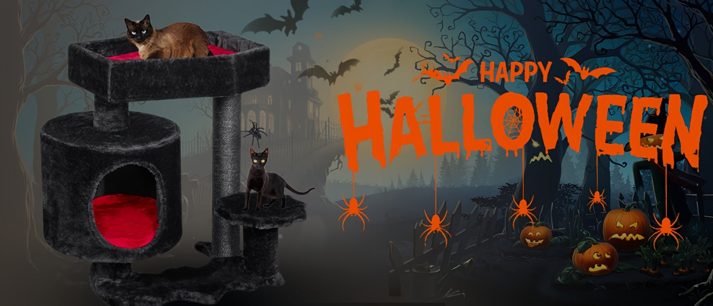 BEWISHOME Gothic Cat Tower With Coffin Bed, Multi-Level Goth Cat Tree Cat Condo With Cat Scratching Post, Spider Hanging Ball Black Red Halloween Kitten Pet Furniture