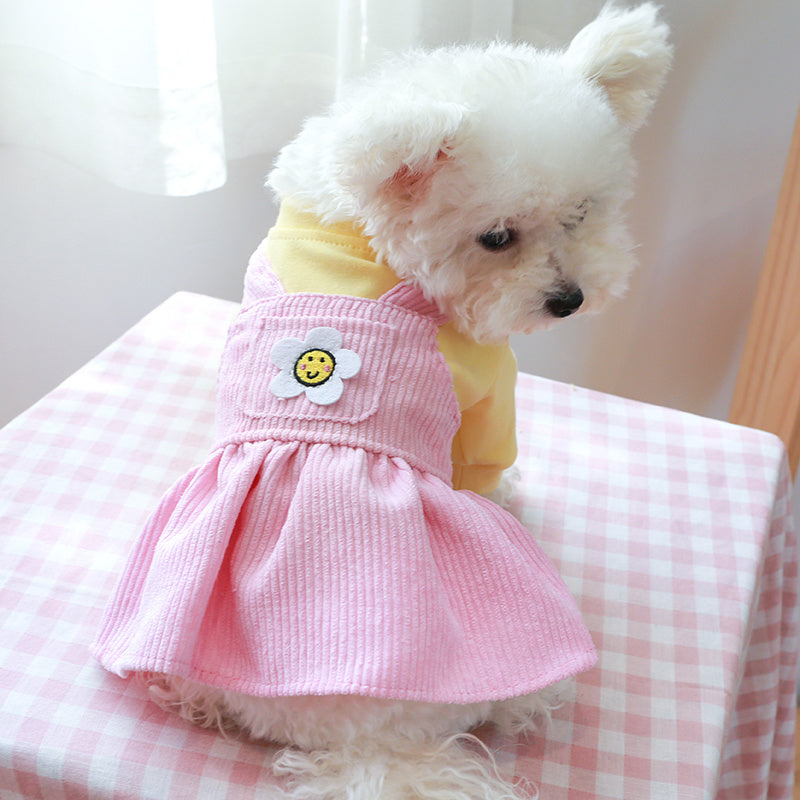 Pink Warm & Comfortable Knit Sunflower Couple Dog Dress - Cozy Pet Apparel for Small Breeds, Fall/Winter