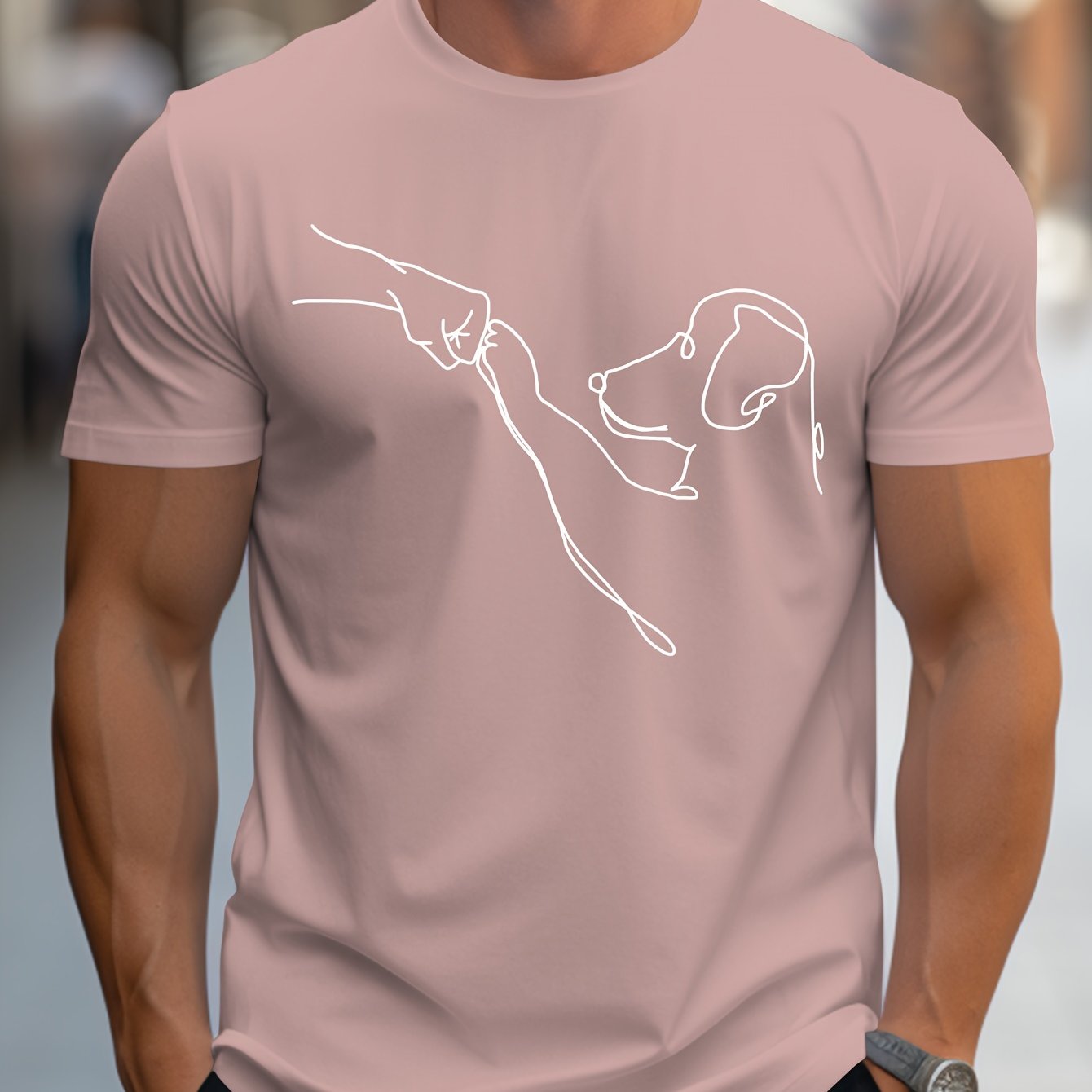 Men's Line Art Dog Print T-Shirt: Poop Scooper Exclusive! Super Cute Hand-Drawn Puppy Sketch, Minimalist Pet Interaction Design – Adorable Paw Print & Leash Graphic Tee