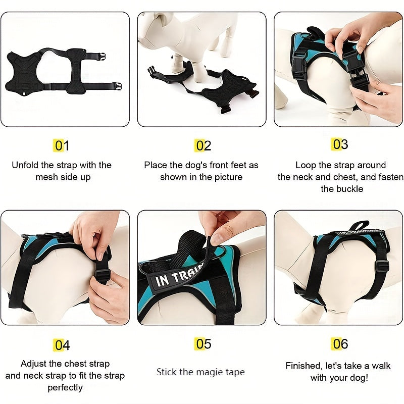 Service Dog Harness, Reflective Dog Vest Harness With 5 PCS Patches, Adjustable Soft Oxford Pet Harness, Inner Layer Mesh, Easy To Control For Small Medium Large Dogs With 59inch Traction Rope