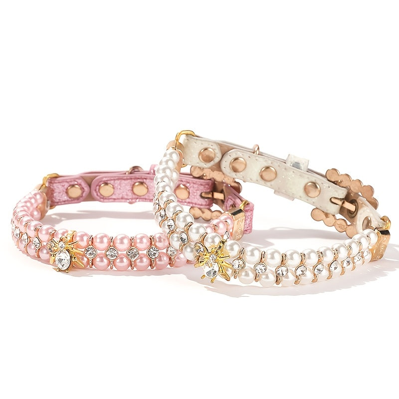 Zhous ABS Material Pearlized Pet Collar, Adjustable Snap-On Collar with Rhinestone Detailing, Beaded Design for Small Dogs and Cats