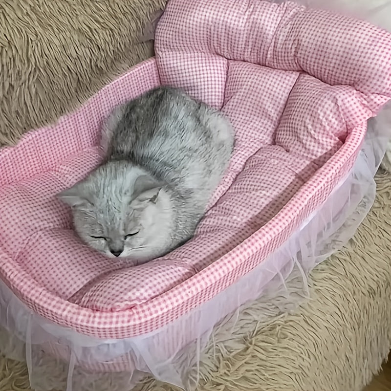 All-Season Pet Bed for Dogs & Cats - Checkered Small Bed with Soft Plush Fabric, Washable & Detachable Pet Mat, Non-Sticky to Fur, Easy to Clean, Ruffle Details - Cozy Sleeping for Indoor Cats & Small Dogs, Cat Bed, Playful D
