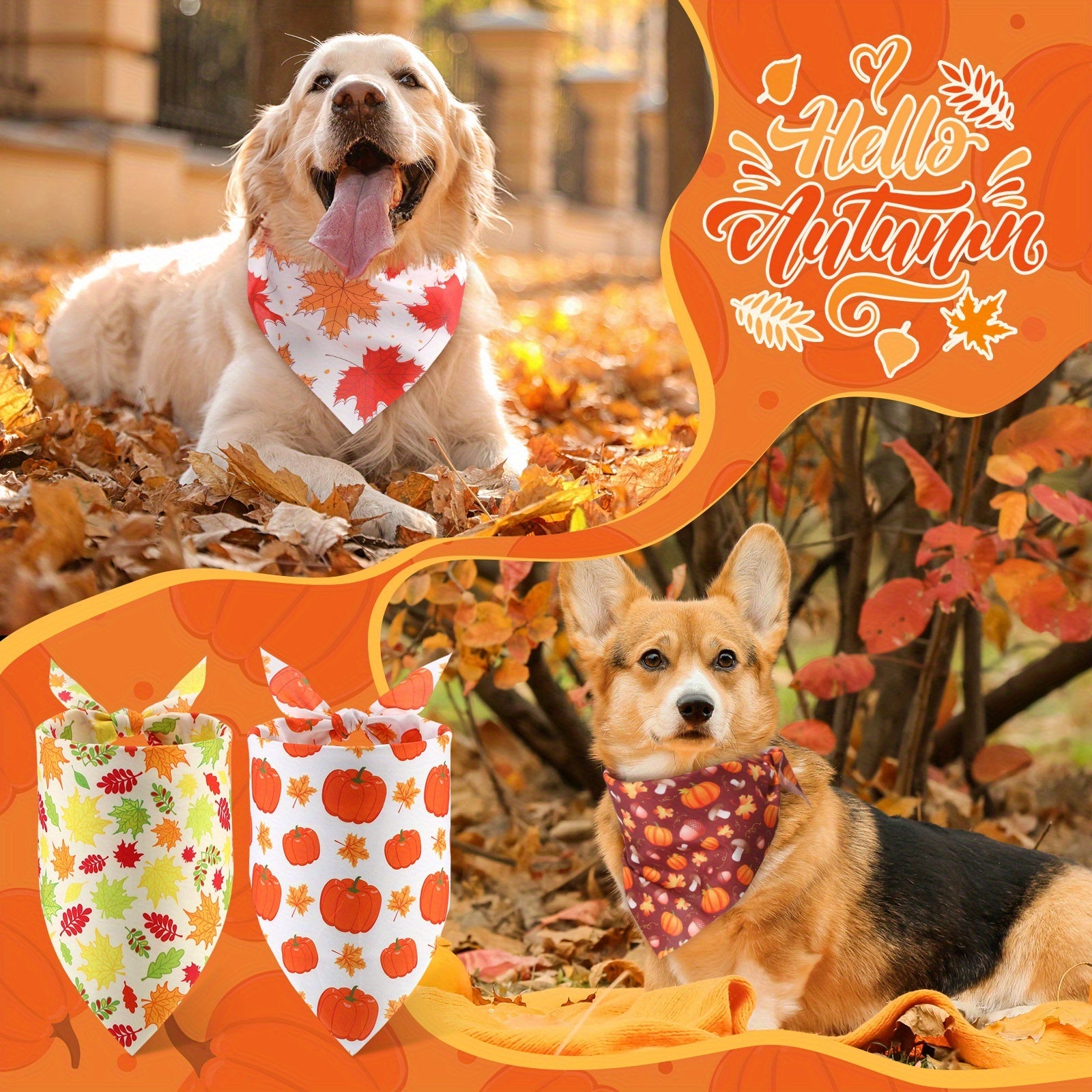 100pcs Dog Bandanas Bulk - Triangle Scarf & Kerchief Bibs for Medium & Small Dogs, Polyester, Assorted Autumn Patterns (Pumpkins, Leaves, Floral) - Perfect for Halloween, Thanksgiving, Christmas Costumes & Pet Accessories, Do