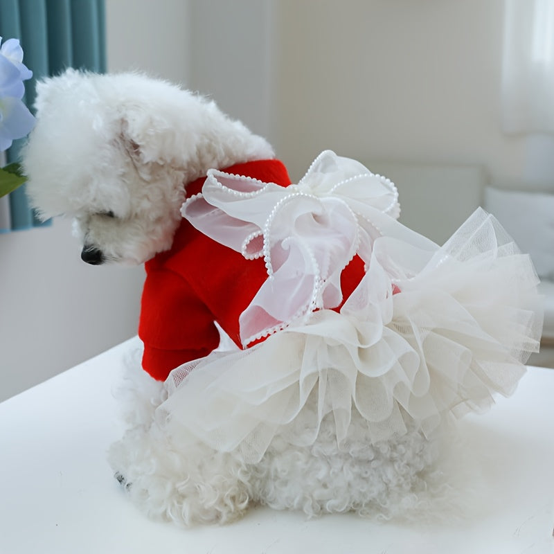 Chic Pearl-Embellished Lace Dog Dress - Princess Style Pet Apparel for Small Breeds, Includes Pomeranian & Yorkie Designs