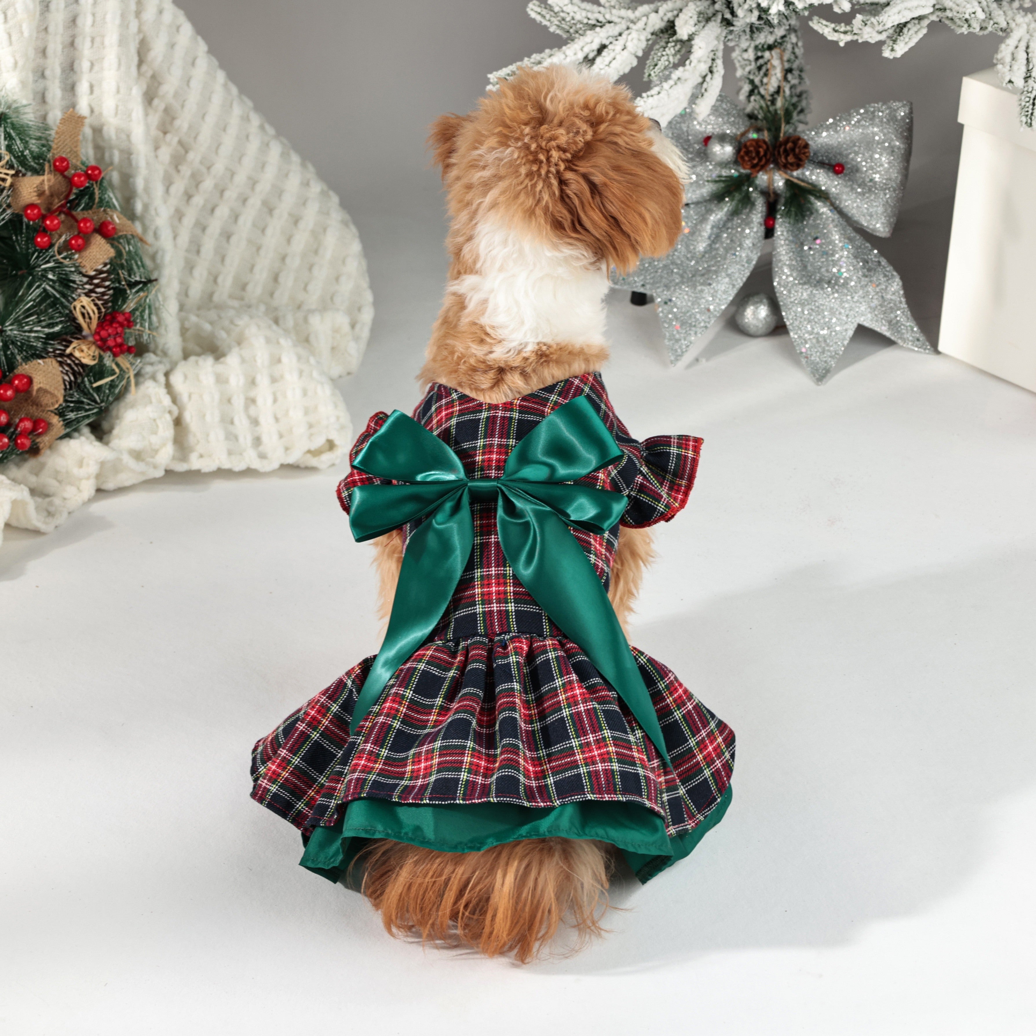 Winter & Autumn Tartan Dog Dress with Snap Buttons – 100% Polyester Woven Plaid Puppy Dress, Small Breed Christmas Party Outfit with Festive Bow Detail, Warm Pet Apparel for Seasonal Celebrations