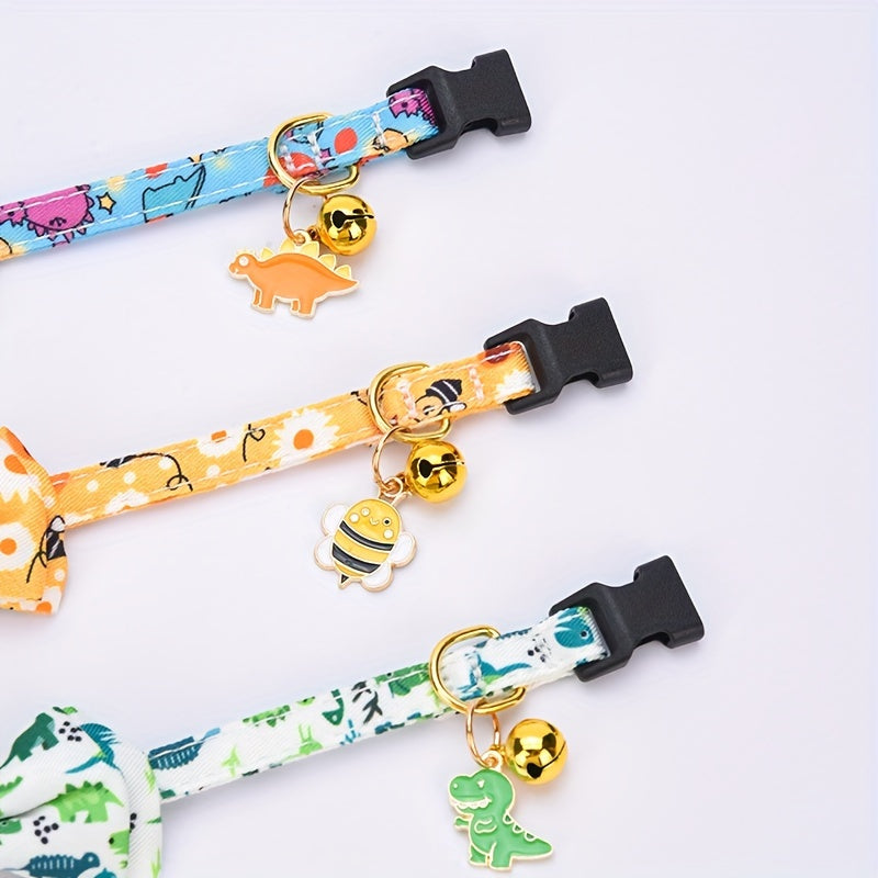 Adjustable Polyester Fiber Cat Collars with Animal Print, Bow Tie & Bell Pendant - CP627 Cute Pet Collar Set with Safety Buckle & Detachable Accessories