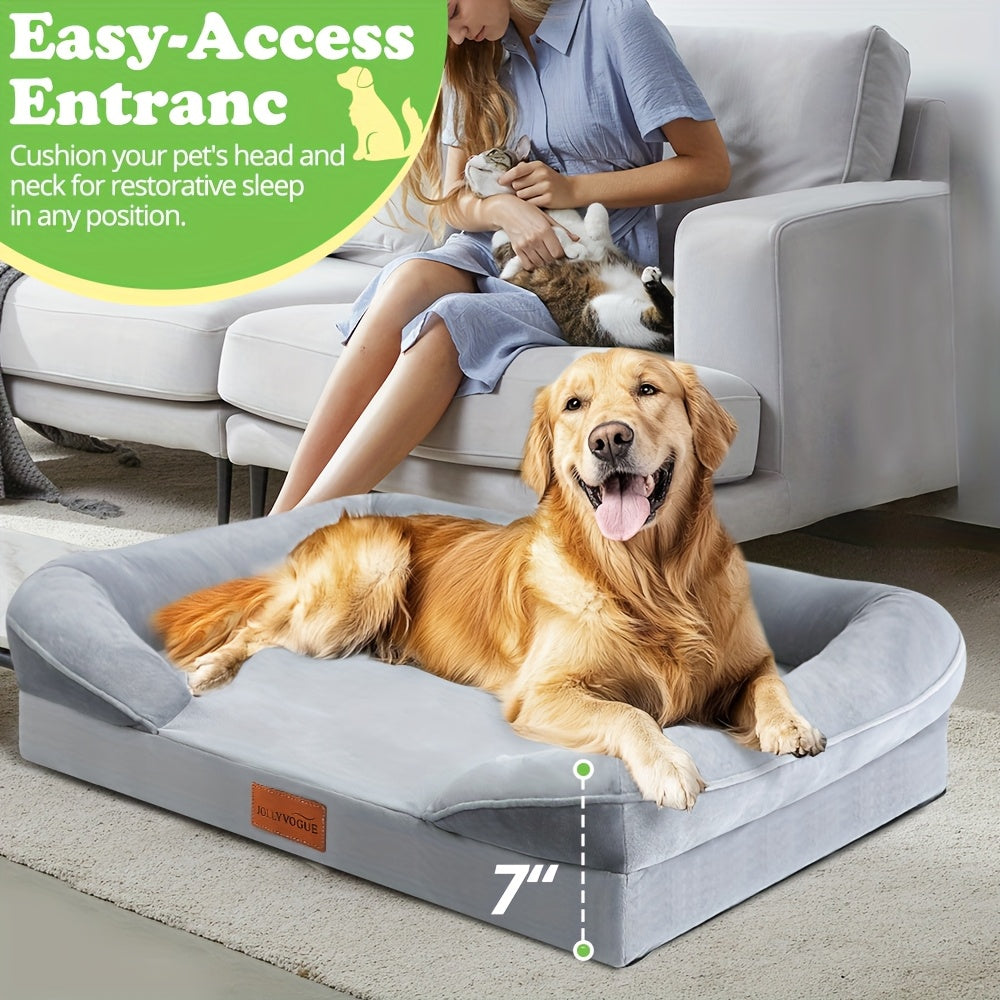 1pc Dog Bed - 100% Supportive Foam - Extra Large Dog Sofa Pet Bed with Removable Washable Cover and Soft Lining & Non-Slip Bottom - Grey, Available in 3 Sizes - Perfect Gift for Your Furry Friend, Ideal for Year-Round Use in