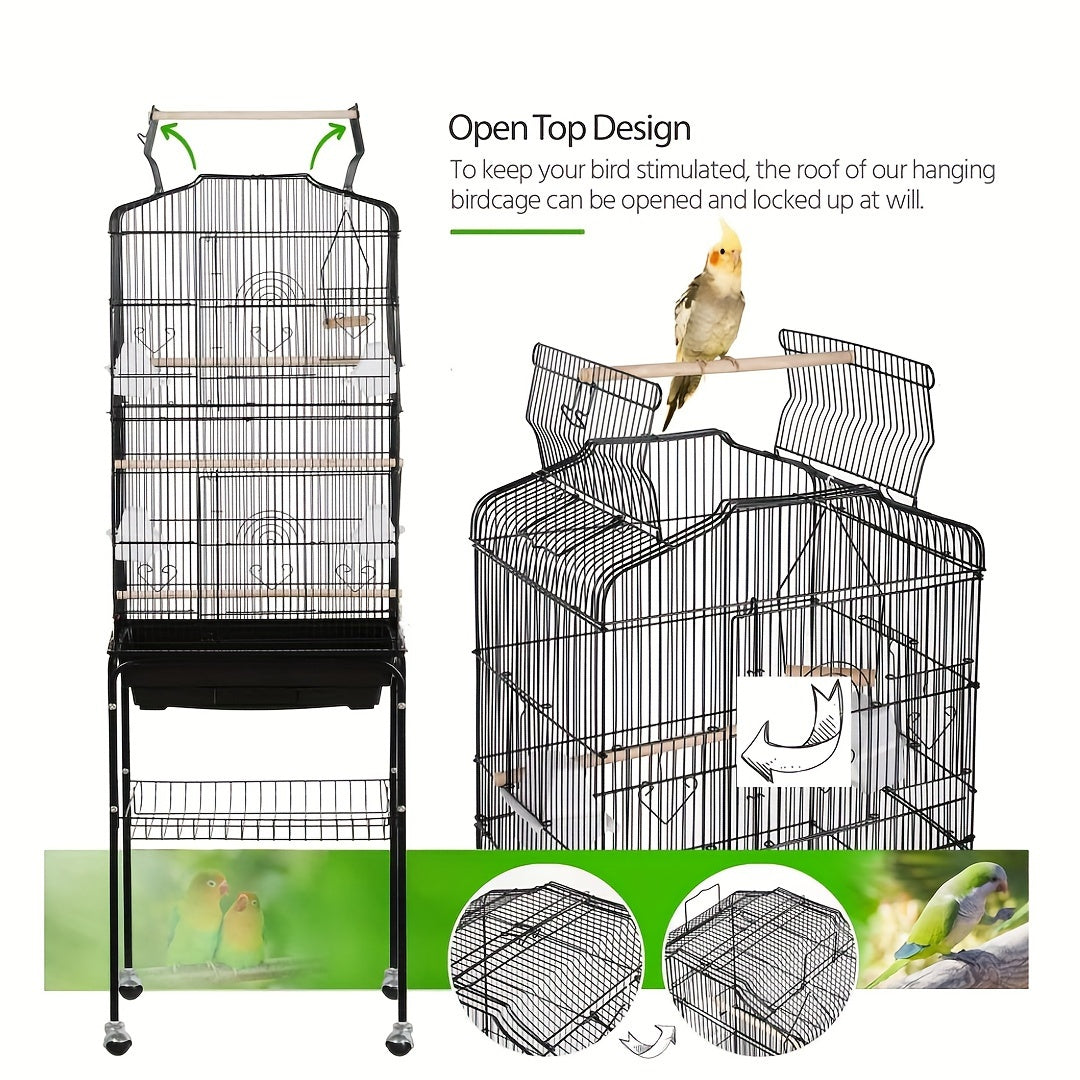 1pc 65-inch Extra-Large Open-Style Bird Cage with Detachable Rolling Stand, Durable Metal Construction, and Spacious Interior for Comfortable Living of Parrots, Lovebirds, Sparrows, Canaries, Long-tailed Small Parrots, Black