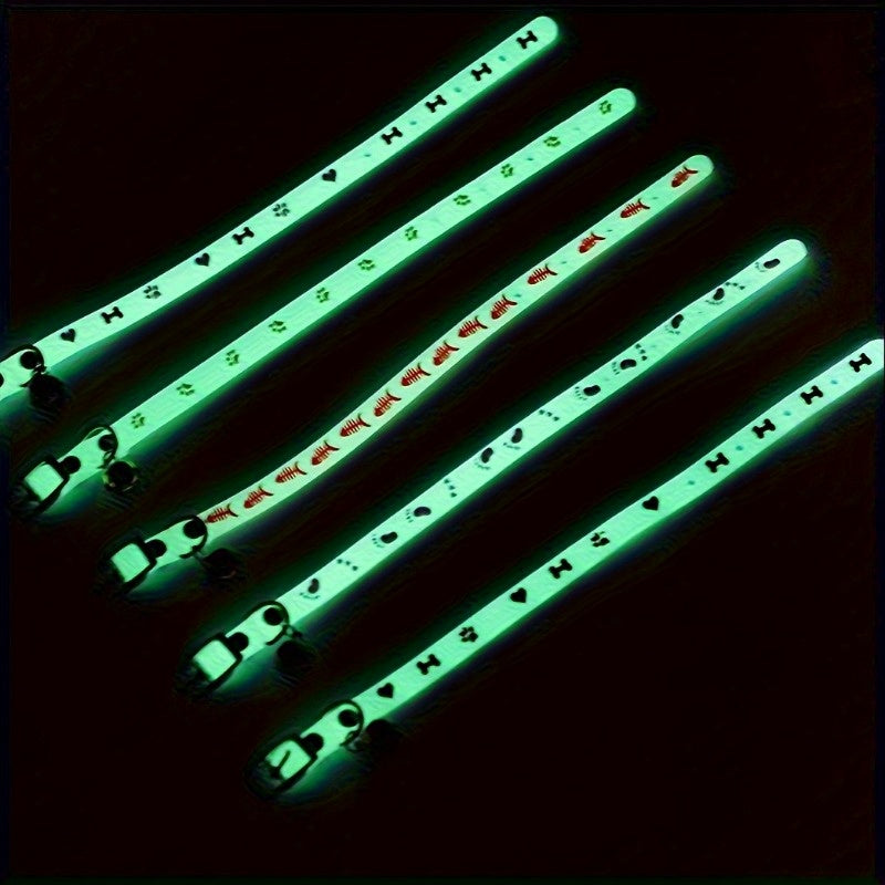 5-piece adjustable luminous pet collar with bell, animal pattern, rubber material, safety night-light cat collar set
