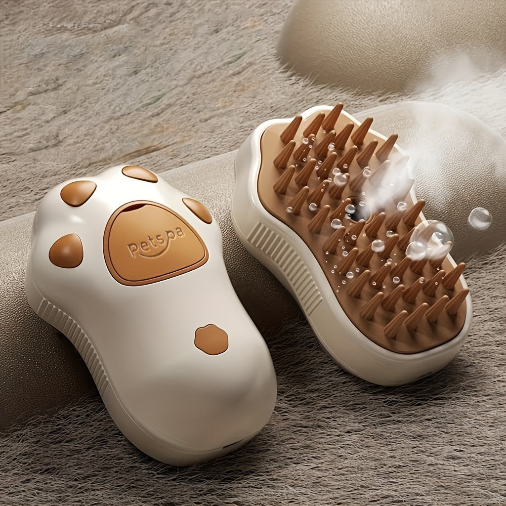 3-in-1 Self-Cleaning Steam Cat Brush - USB Rechargeable Pet Grooming Tool with Comfort Massage, Hair Removal & Nail Trimming Features for Cats and Dogs, Paw-Shaped Silicone Bristles