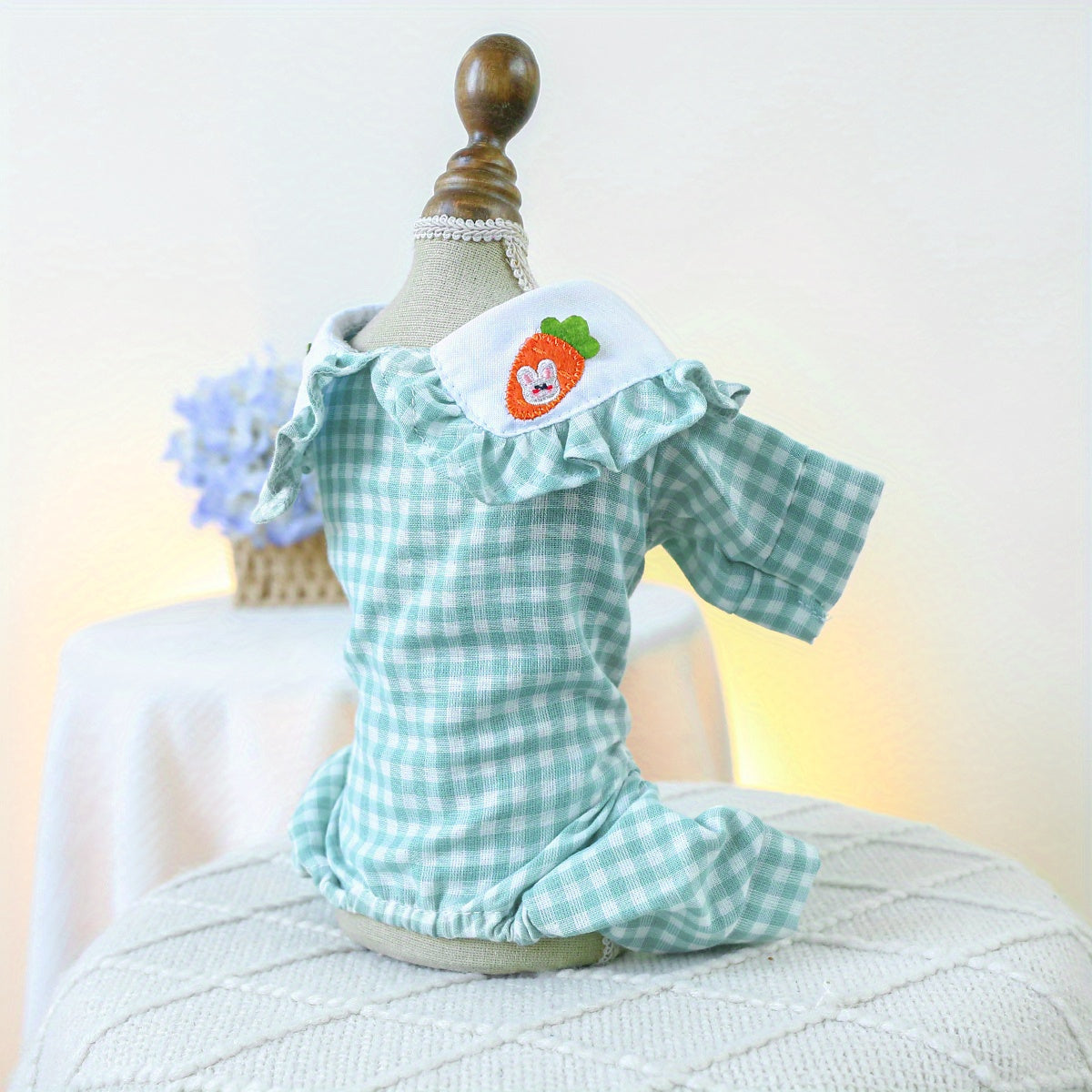 Cute Comfort, Adorable Carrot Rabbit Couple-Themed Green Plaid Jumpsuit for Small Dogs - Cozy Knit Pet Apparel for Spring & Autumn