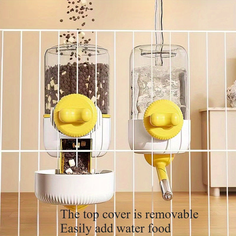 A 2pcs hanging automatic feeder drinking bowl, automatic gravity pet feeder no drip water set, Cage pet feeding bowl dispenser for pet cats, dogs, puppies, rabbits (yellow gray green food)