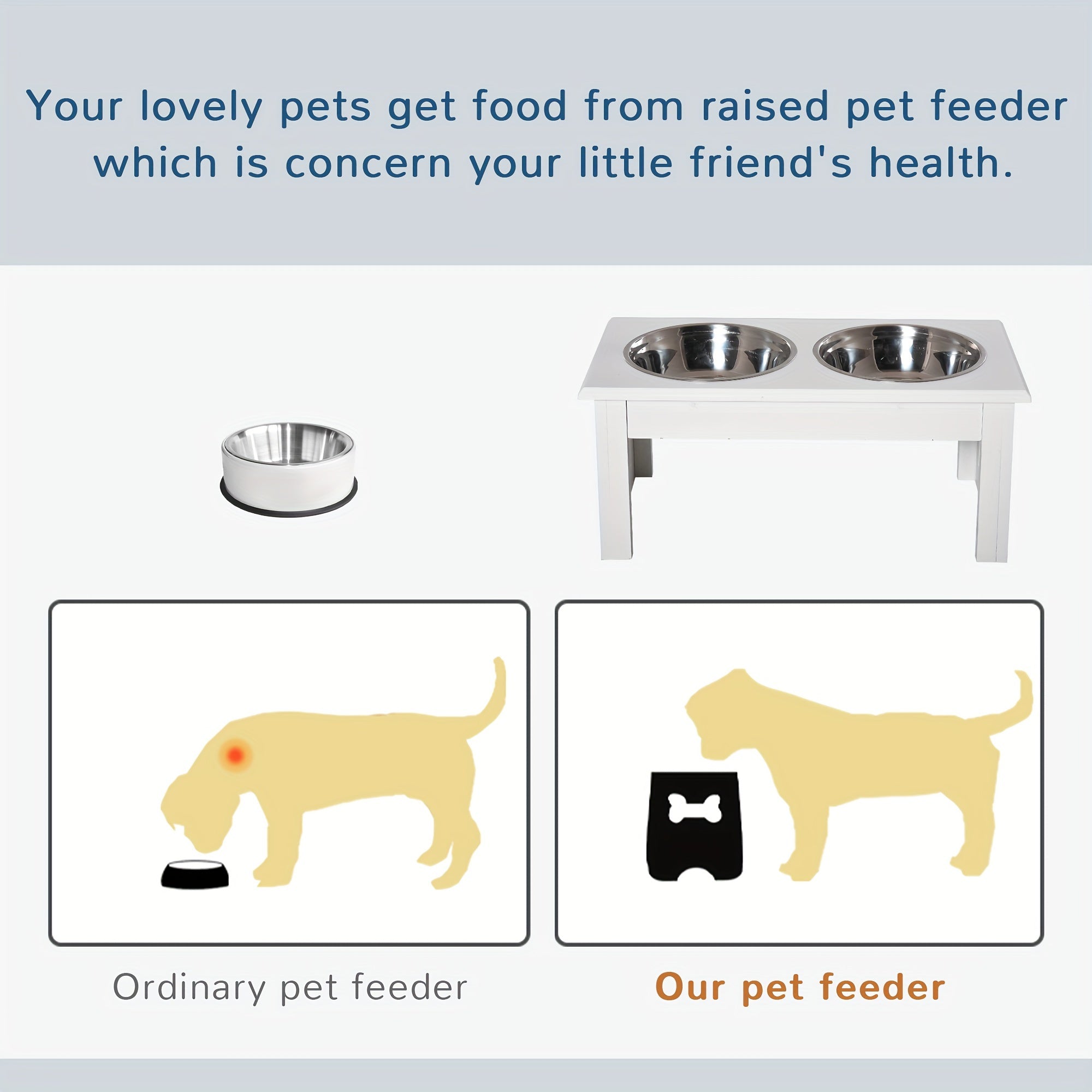 PawHut 6" Height Small Puppy Dog Feeding Station For Messy Pets, Stainless Steel Elevated Dog Bowls With Modern Wooden Frame, Dog Food Stand Pet Feeding Station, White