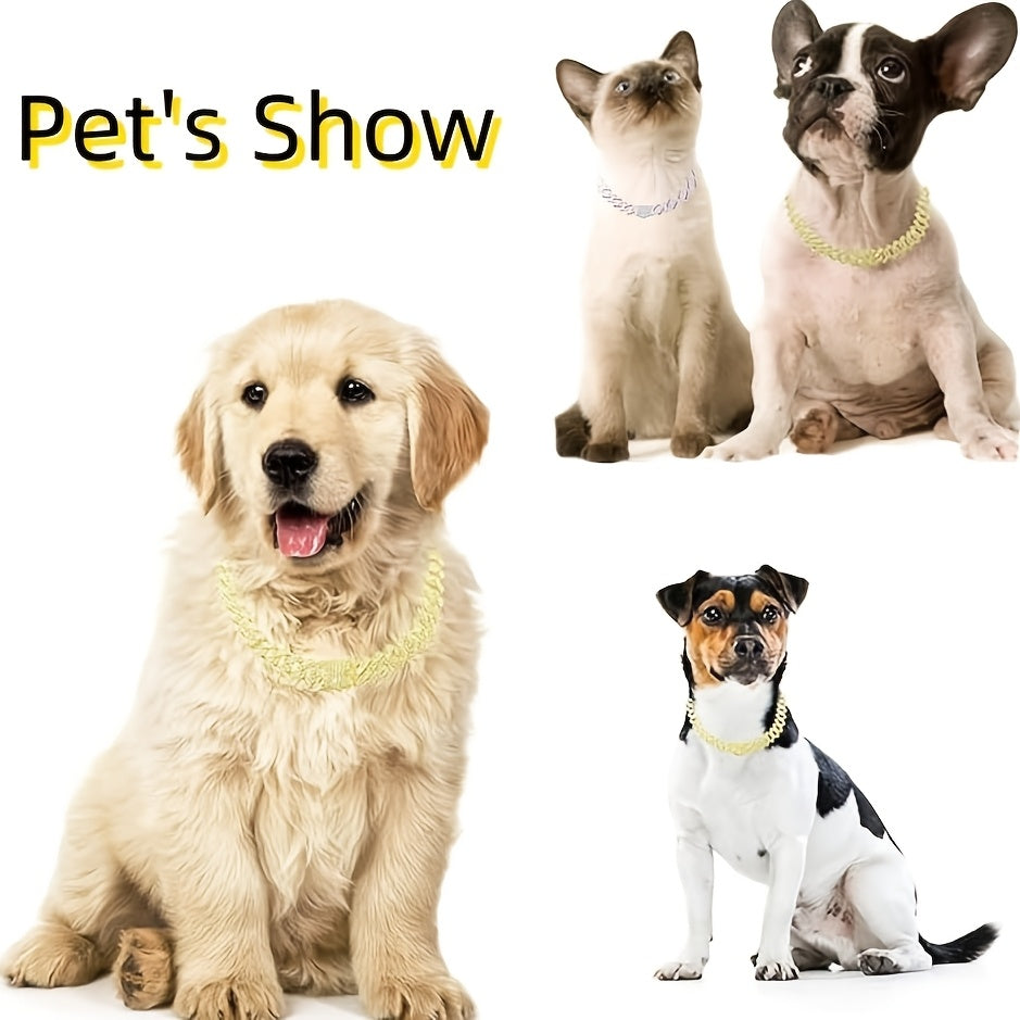 15mm Wide Golden Diamond-studded Cuban Link Pet Collar - Stylish Flip Cover for Dogs and Cats