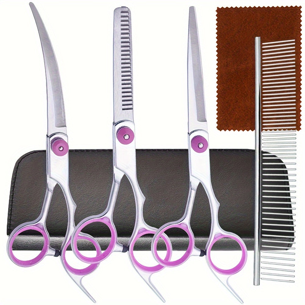 Pet Scissors Dog Grooming Scissors Set 5-in-1 Grooming Curved Scissors Pet Grooming Scissors with Grooming Comb Suitable for Dogs and Cats