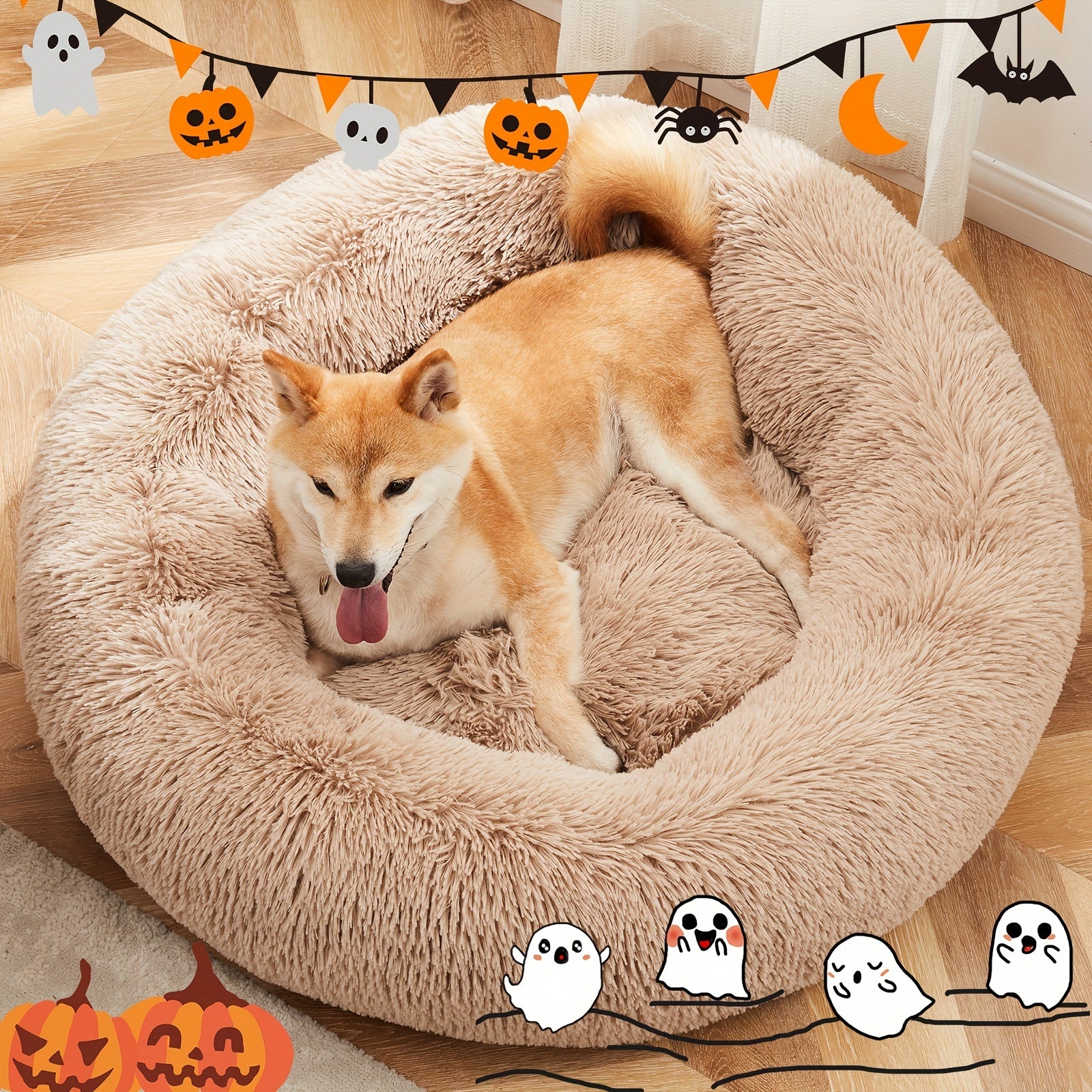 Fluffy Plush Calming Pet Bed For Dogs And Cats - Washable Anti-Slip Round Bed For Pets - Brown Color