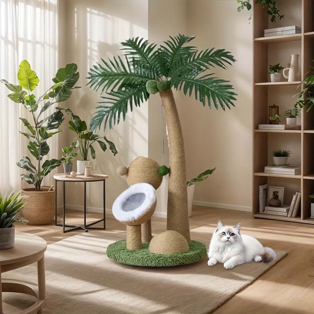 33 Inch Large Cat Scratching Post - Curved Palm Tree Design with Sisal Scratching Posts, 3 Interactive Balls & Dangling Toy, Sturdy Base & Anti-Topple for Climbing, Napping, Indoor Cats, Feline Enrichment, Playful Pet Furnitu