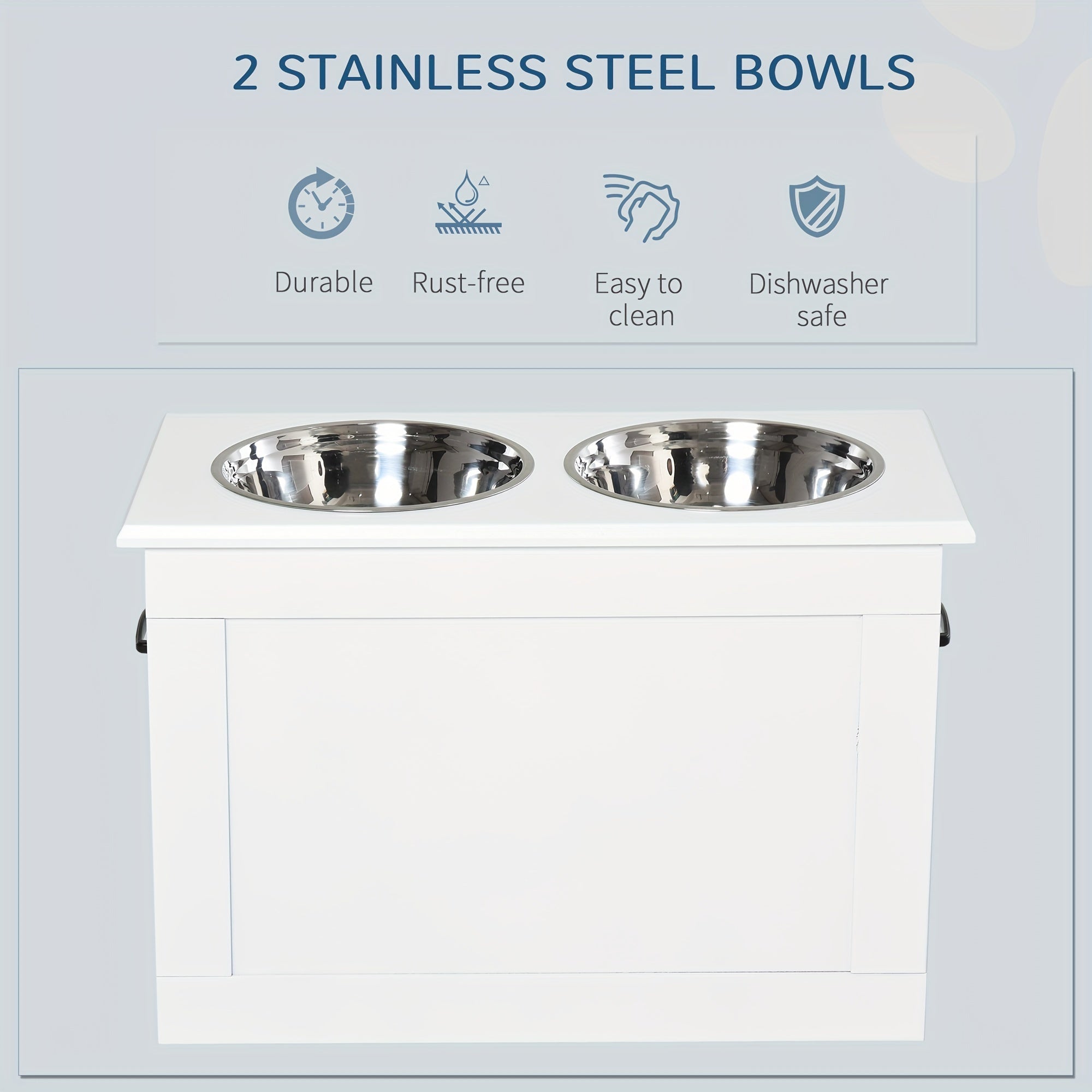 PawHut Raised Pet Feeding Storage Station With 2 Stainless Steel Bowls Base For Large Dogs And Other Large Pets, White
