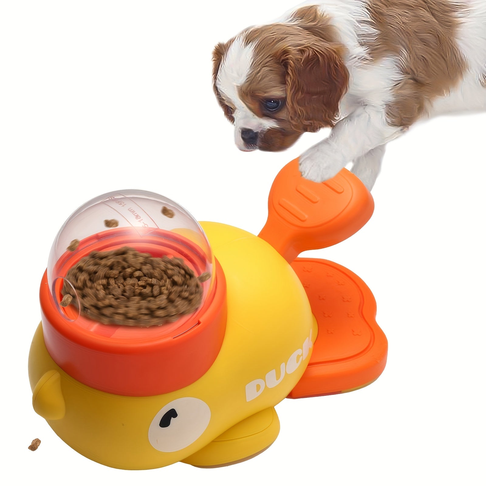 Durable Plastic Yellow Duck Interactive Dog Toy & Automatic Feeder - No Batteries Needed, Push & Pull Pet Feeder with Treat Dispenser for Mental Stimulation & Healthy Eating - Suitable for Small, Medium & Large Dogs, Pet Feed