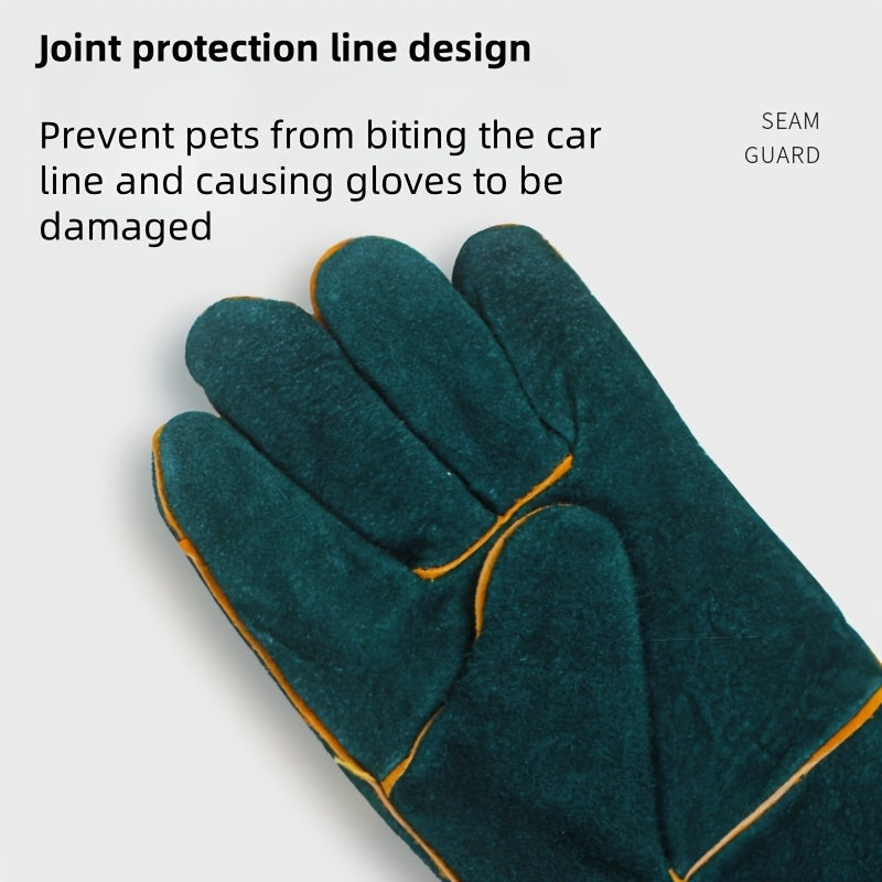 Premium Pet Grooming Gloves - Comfortable, Bite & Scratch Resistant | Ideal for Dogs & Cats, Green with Yellow Stitching