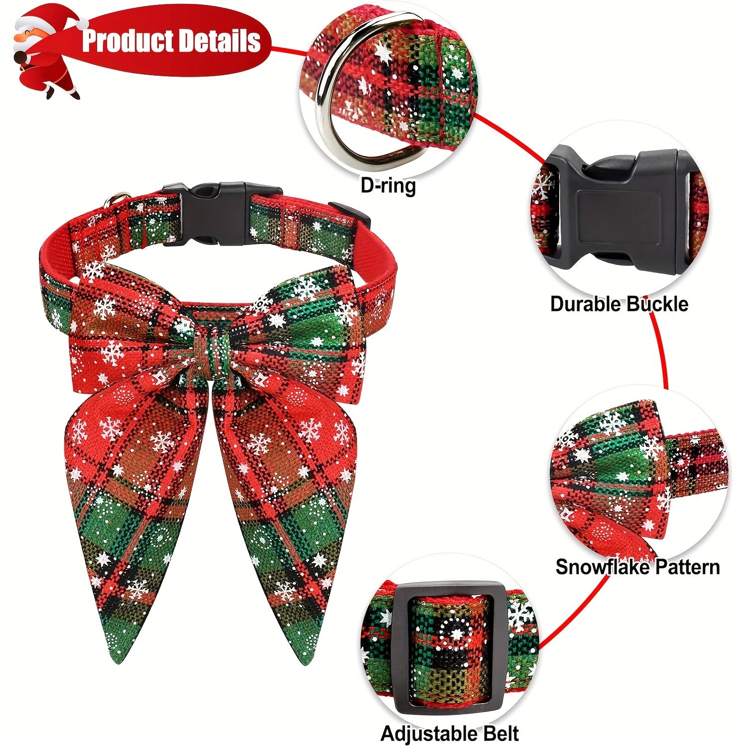 Christmas Plaid Dog Collar with Detachable Bowtie, Adjustable Pet Collar for Cats and Dogs, Durable Polyamide Material with Press Buckle and D-Ring, Perfect for Holiday Parties, Birthdays, and Daily Wear - Red (S/M/L)