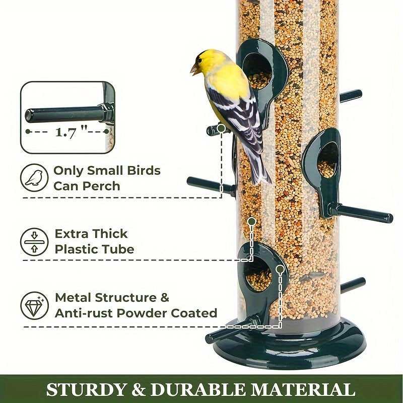 1pc Deluxe Chew-Proof Metal Bird Feeder - Extra Thick Tube, 6 Port, Steel Hanger, Weather & Water Resistant, Durable Outdoor Hanging Feeder for Attracting Birds - 15in