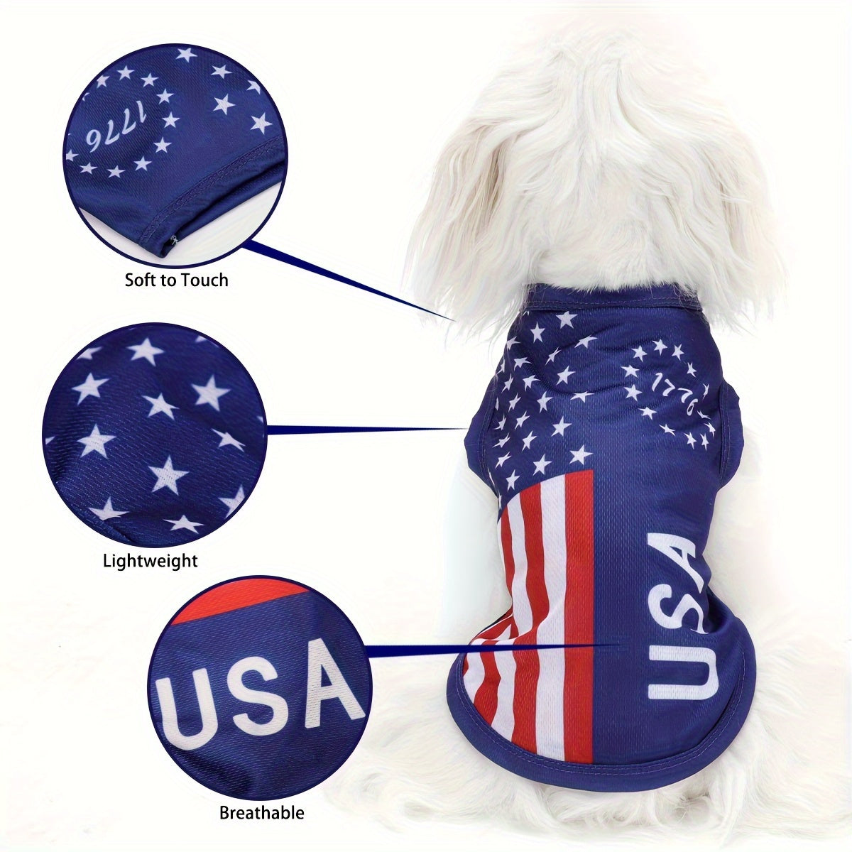 Patriotic Pooch Vest Shirt - Shirts for Small, Medium, Large, Mini & Toy Breeds - Soft Knit Polyester Fabric, Hand Wash Only, National Holiday and Outdoor Fun Pet Apparel with American Flag Design