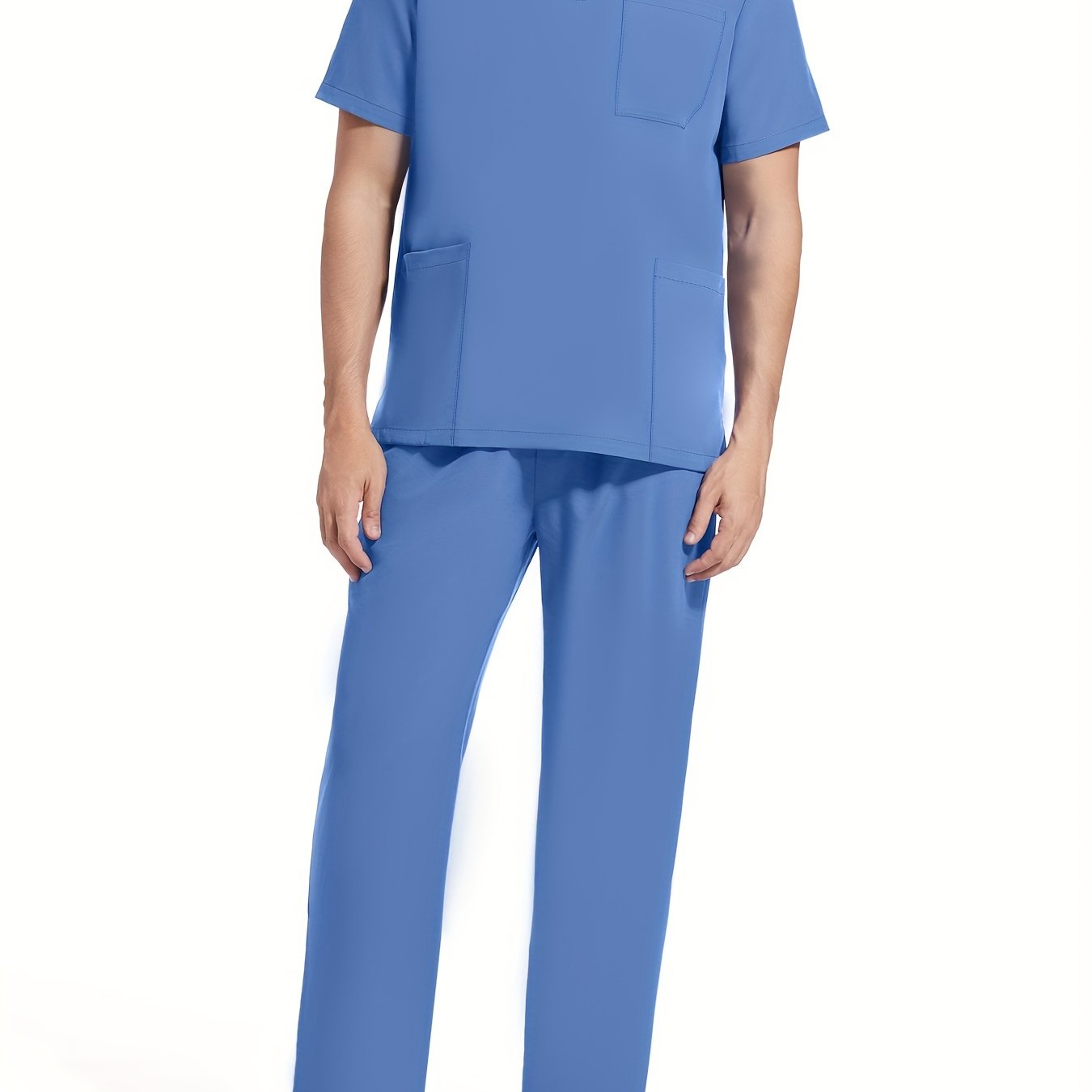 Men's Short Sleeve Summer Work Wear Set, Lab Coat, Pet Grooming Uniform, Breathable V-neck Top With Pockets And Long Pants Outfit