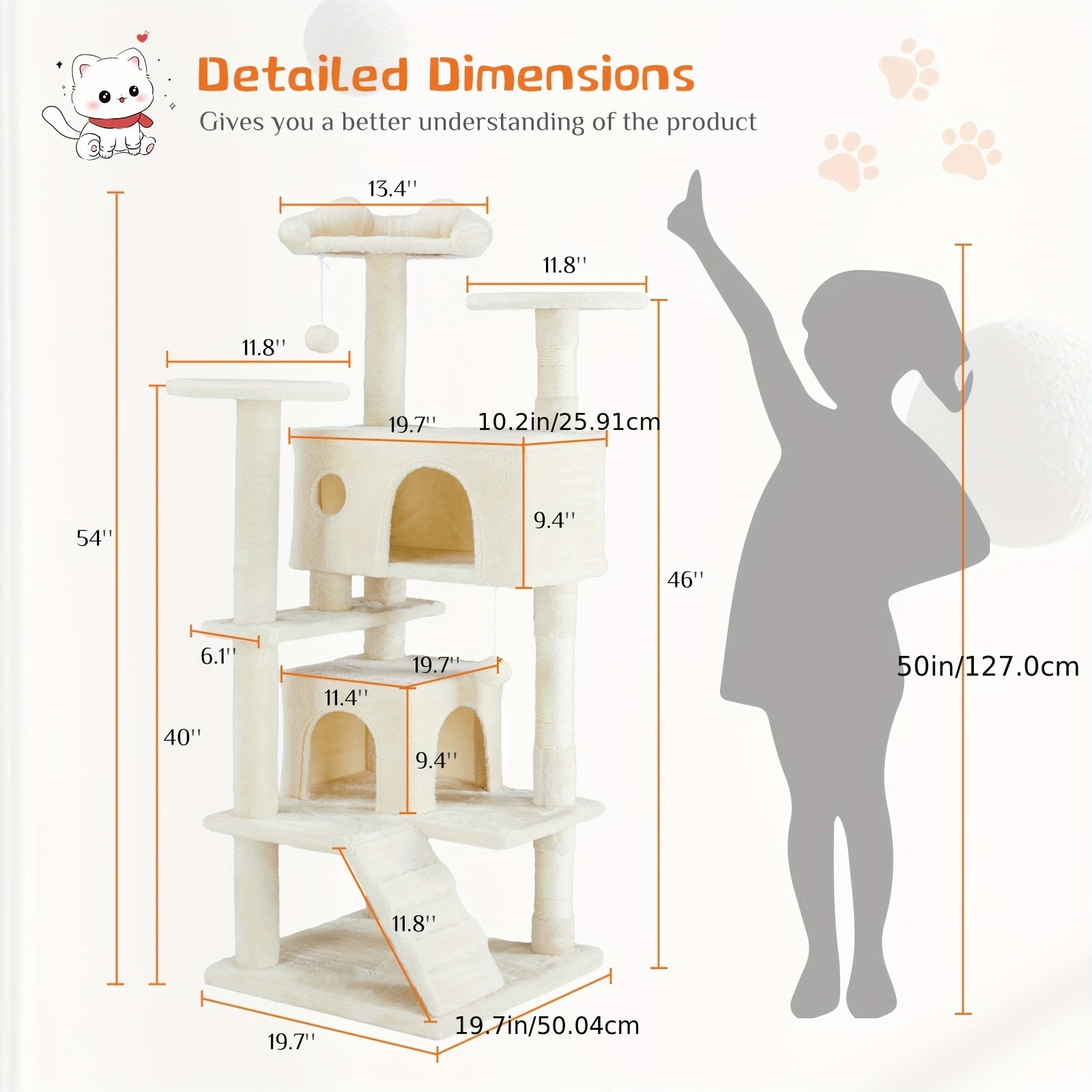 Cat Tree Tower For Indoor Cats, 54in Tall Multi-Level Pet Furniture, Stable Kitty Play House With Sisal Scratching Post, Large Condo, Climbing Ladder, Plush Toy For Kitten