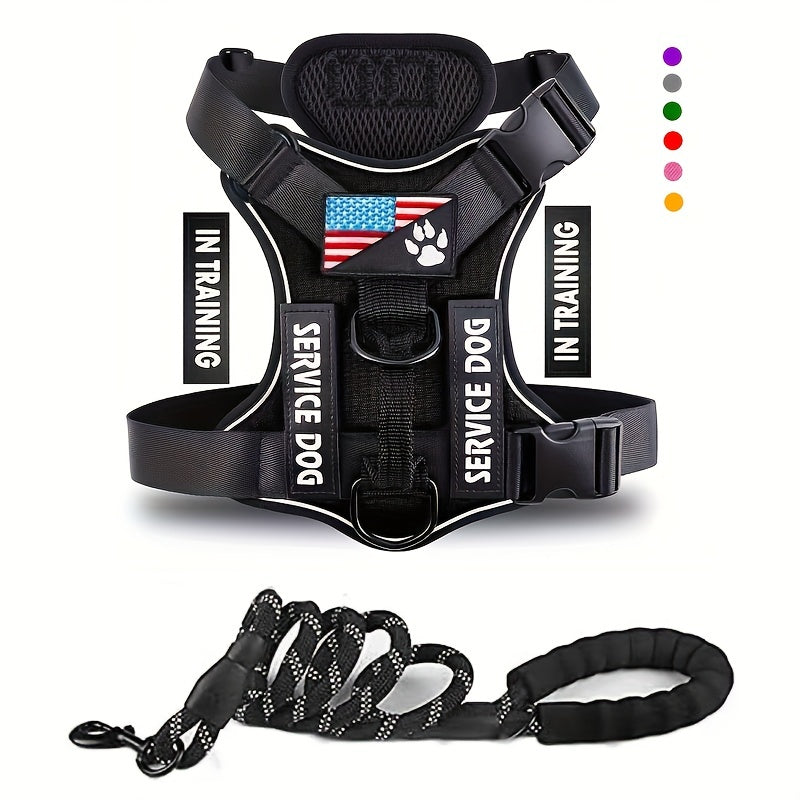 Service Dog Harness, Reflective Dog Vest Harness With 5 PCS Patches, Adjustable Soft Oxford Pet Harness, Inner Layer Mesh, Easy To Control For Small Medium Large Dogs With 59inch Traction Rope