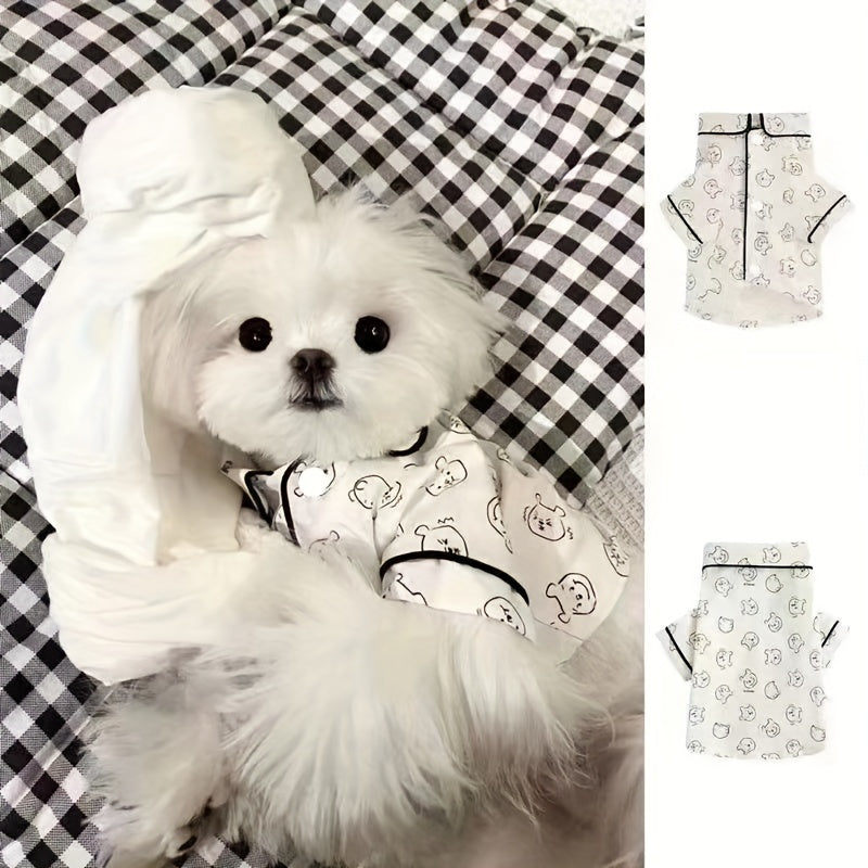 Cozy Cartoon Cat Pattern Pet Sleepwear - Soft, Breathable, Spring/Summer Style for Small Cat & Dog Breeds, Bichon, Maltese, Teddy - Comfortable Home Apparel for Pets