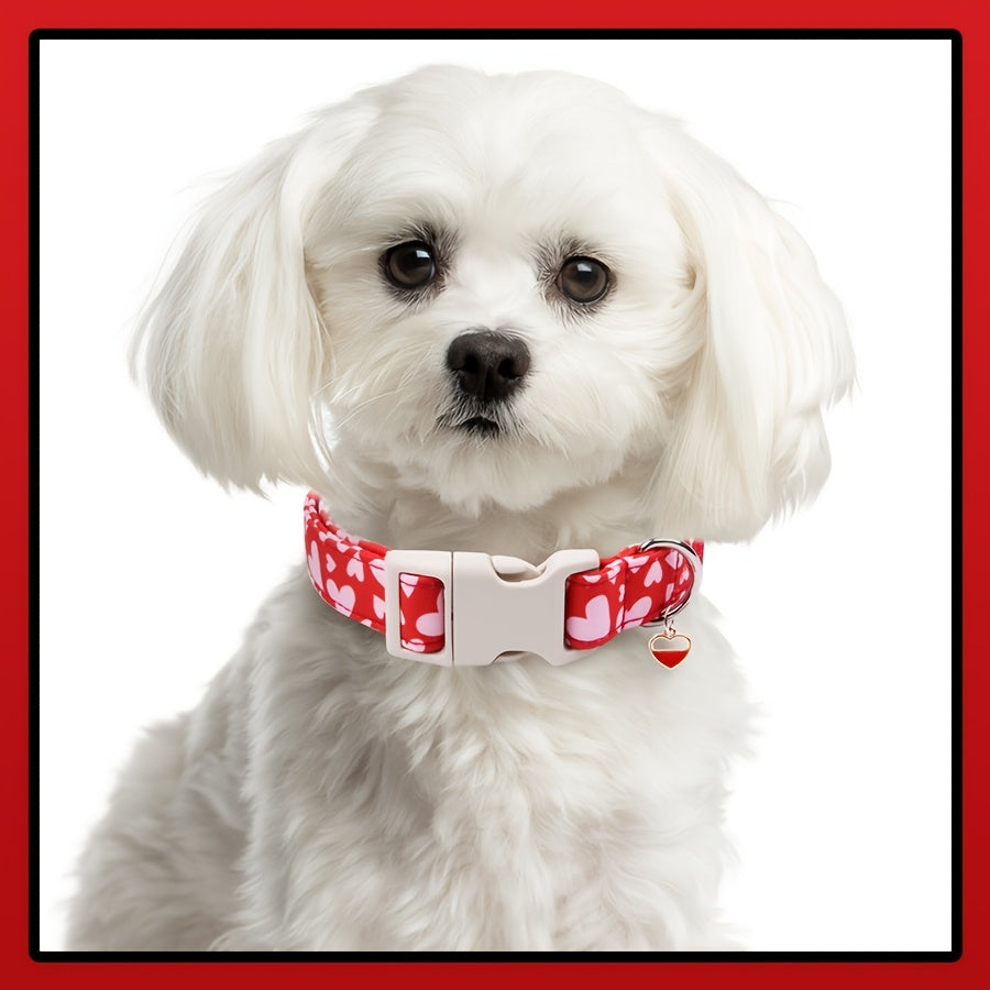 Red and Pink Heart Pattern Dog Collar - Quick Release Safety Buckle, Metal Heart Pendant, for Small Pets, Dog Leash, Cute