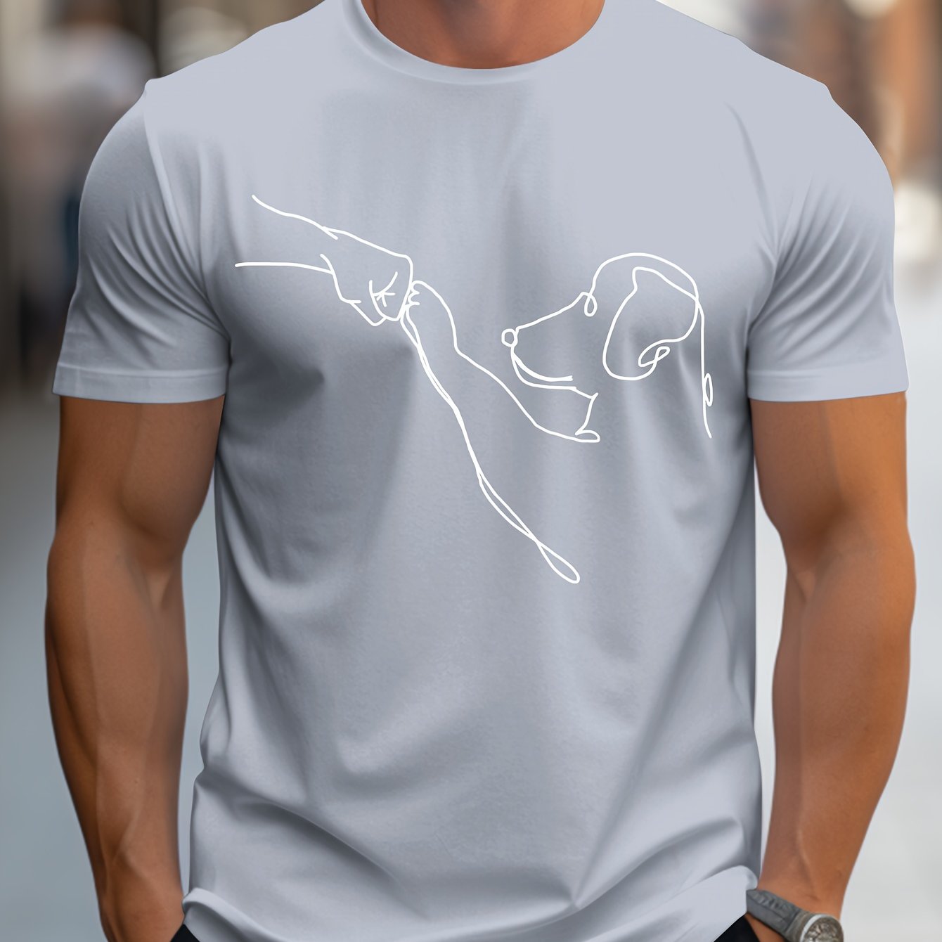 Men's Line Art Dog Print T-Shirt: Poop Scooper Exclusive! Super Cute Hand-Drawn Puppy Sketch, Minimalist Pet Interaction Design – Adorable Paw Print & Leash Graphic Tee